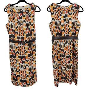 Vintage 90s Sleeveless Boatneck Sheath Dress‎ 10 Orange Brown Abstract Mod USA